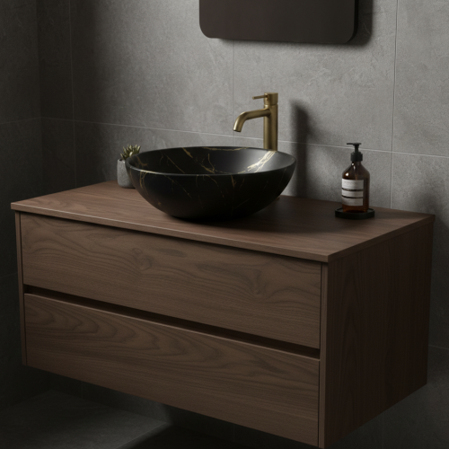 Nero black marmerlook opbouw waskom | Zwart/goud 380X380x130mm KAYVIT